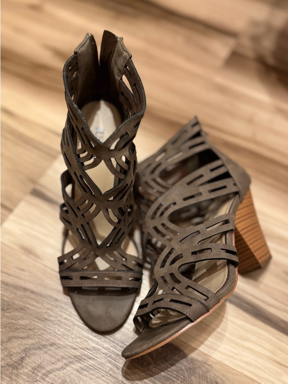 JustFab Sculpted Cutout Block Heel Sandals - Brown